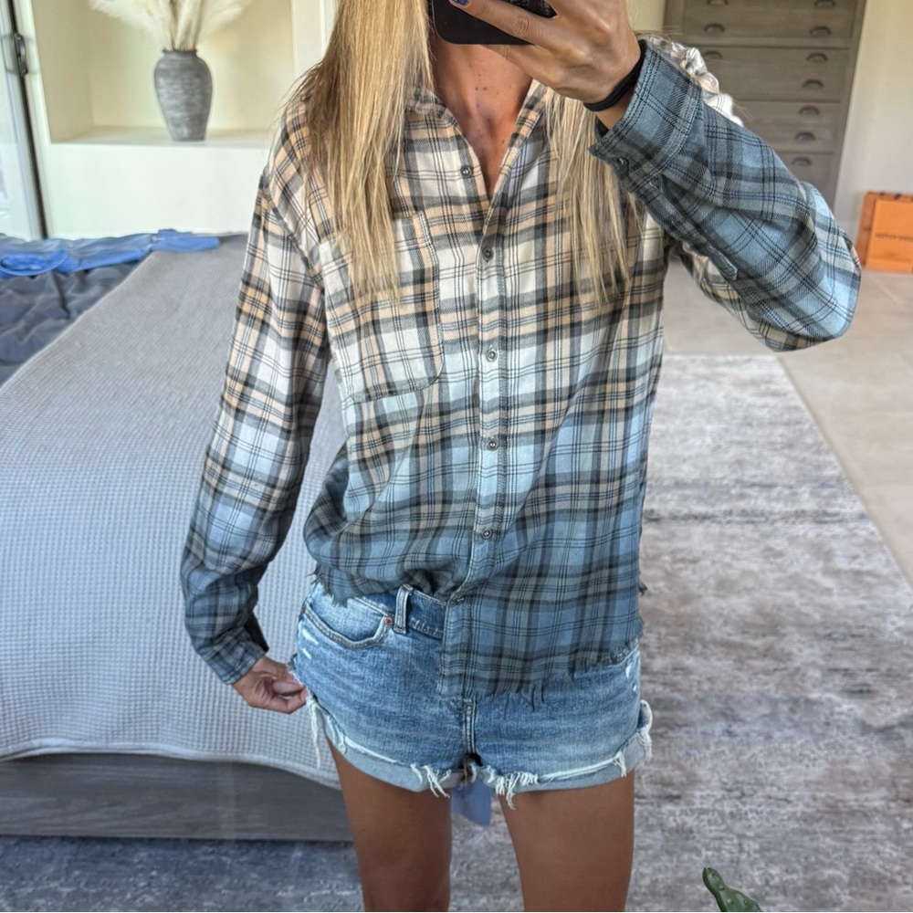 Endless Blu Plaid Dip Dye Ombré Shirt